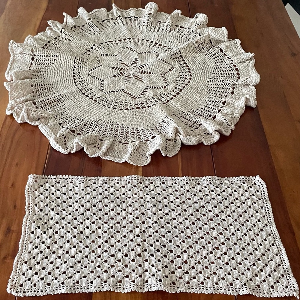 Vintage Crochet Set, Rectangular & Round Cotton Cream